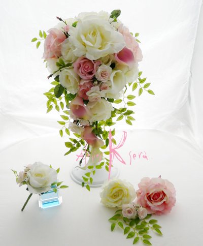 画像2: 造花ホワイト＆ピンクローズ＆カラー　キャスケードボリュームT・ブトニア・ヘッドパーツセット