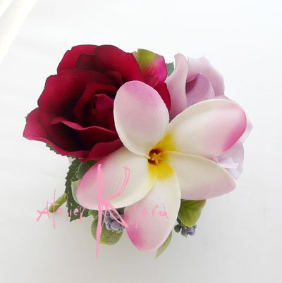 画像5: 造花プルメリア＆パープルピンクローズ　ラウンドブーケ・ブトニア・ヘッドパーツセット