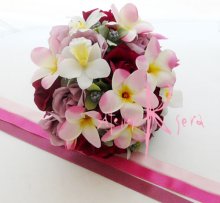 他の写真2: 造花プルメリア＆パープルピンクローズ　ラウンドブーケ・ブトニア・ヘッドパーツセット