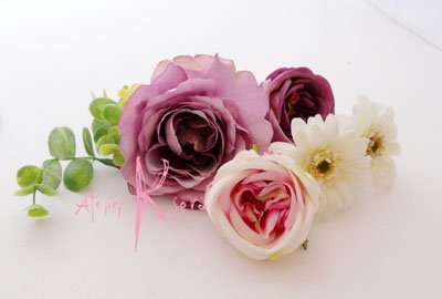 画像3: 造花パープルローズ＆ホワイトガーベラ　ショートキャスケードブーケ・ブトニア・ヘッドパーツセット