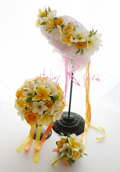 画像3: 造花オーダーメイドブーケ　ラウンド20・ブトニア・花冠（プルメリア＆ローズイエロー）
