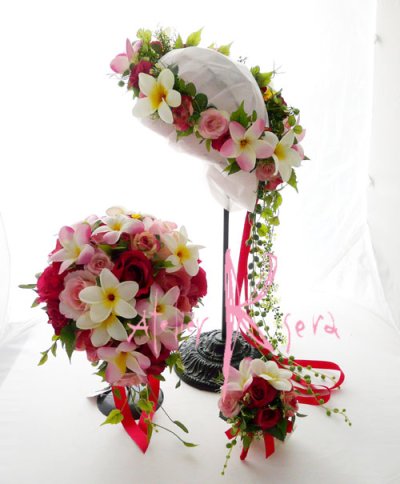 画像1: 造花オーダーメイドブーケ　キャスケード・ブトニア・花冠（PRナチュラル・ピンクグラデーション）