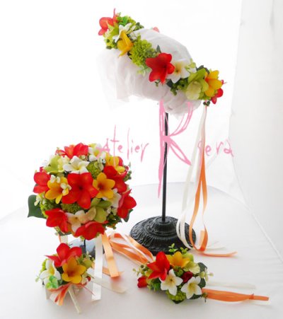 画像1: 造花オーダーメイドブーケ  ラウンド20・ブトニア・花冠・リストレット（プルメリアｍｉｘ＆ラン）
