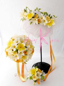 他の写真1: 造花オーダーメイドブーケ　ラウンド20・ブトニア・花冠（プルメリア＆ローズイエロー）