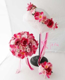 他の写真3: 造花オーダーメイドブーケ　ラウンド・ブトニア・花冠（ピンクローズ＆プルメリア）
