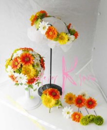 他の写真3: 造花オーダーメイドブーケ ラウンド・ブトニア・ヘッドパーツ・花冠（オレンジガーベラミックス）