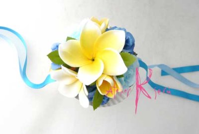 画像3: 造花オーダーメイドブーケ  クラッチ20・ブトニア・花冠・リストレット（プルメリア＆ブルーローズ）