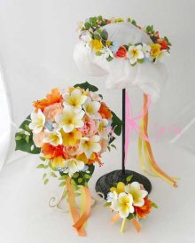 他の写真2: 造花オーダーメイドブーケ  キャスケード・ブトニア・花冠（プルメリア＆イエロー・オレンジ）