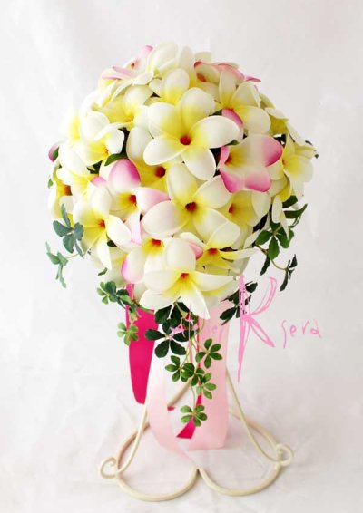 画像1: 造花オーダーメイド　ティアドロップブーケ・ブトニア・ハクレイ（花冠）セット（W&Pプルメリア）