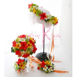 画像: 造花オーダーメイドブーケ  ラウンド20・ブトニア・花冠・リストレット（プルメリアｍｉｘ＆ラン）