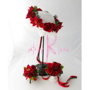 画像: 造花オーダーメイド リストレット・ブトニア・花冠（クリスマスカラーR&G）