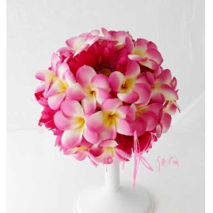 画像: 造花ピンクプルメリア＆ガーベラ　ラウンドブーケ・ブトニア・ヘッドパーツセット