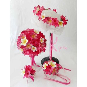 画像: 造花オーダーメイドブーケ　ラウンド23・ブトニア・花冠・リストレット（ピンク＆ホワイトプルメリア）