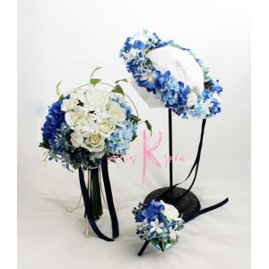 画像: 造花オーダーメイドブーケ  クラッチ23・ブトニア・花冠（ブルー＆ホワイト）