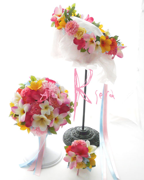 画像1: 造花オーダーメイドブーケ　 ラウンド22・ブトニア・花冠（ピンクマムベースミックスカラー）