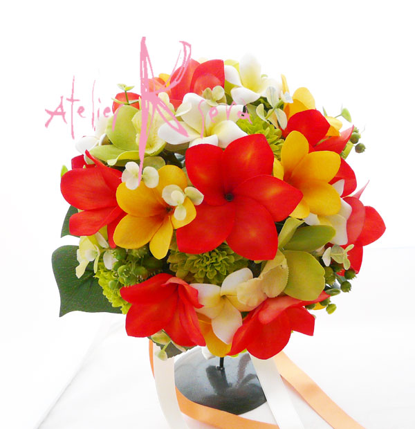 画像2: 造花オーダーメイドブーケ  ラウンド20・ブトニア・花冠・リストレット（プルメリアｍｉｘ＆ラン）