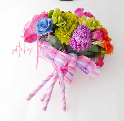 画像: 造花オーダーメイドブーケ　シェア4P・ブトニア・花冠・リストレット（カラフルミックス）