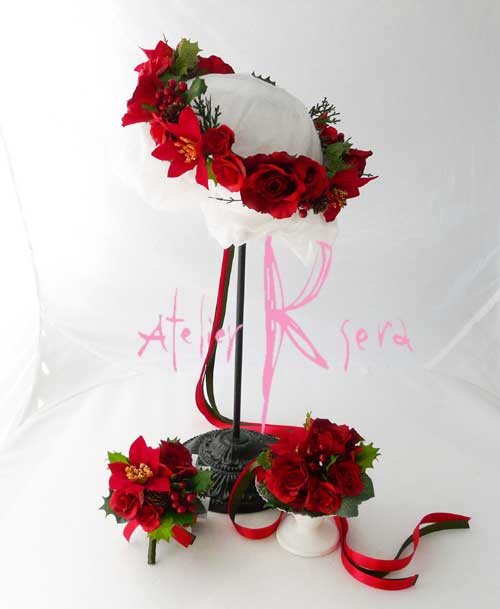画像: 造花オーダーメイド リストレット・ブトニア・花冠（クリスマスカラーR&G）