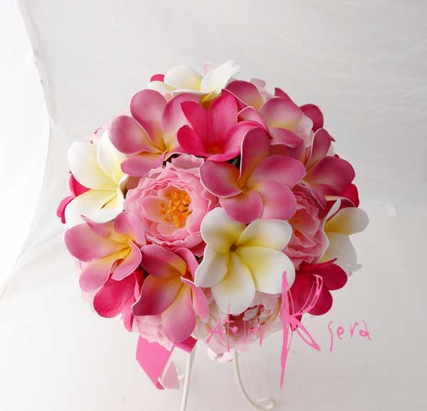画像3: 造花オーダーメイドブーケ　ラウンド22・ブトニア・花冠・リストレット・（イングリッシュローズ＆ピンクプルメリア）