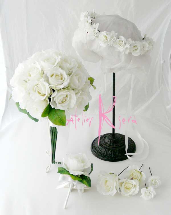 画像1: 造花オーダーメイドブーケ クラッチ25・ブトニア・花冠・ヘッドパーツ(ホワイトローズ）