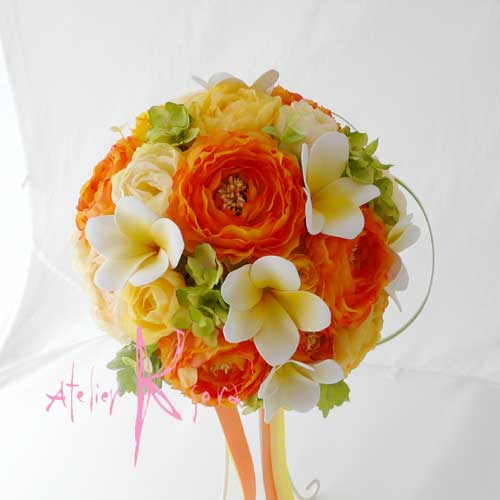 画像: 造花オーダーメイドブーケ　クラッチ22・ブトニアヘッドパーツ・リストレット・花冠（ラナンキュラスＭＩＸ＆プルメリア）