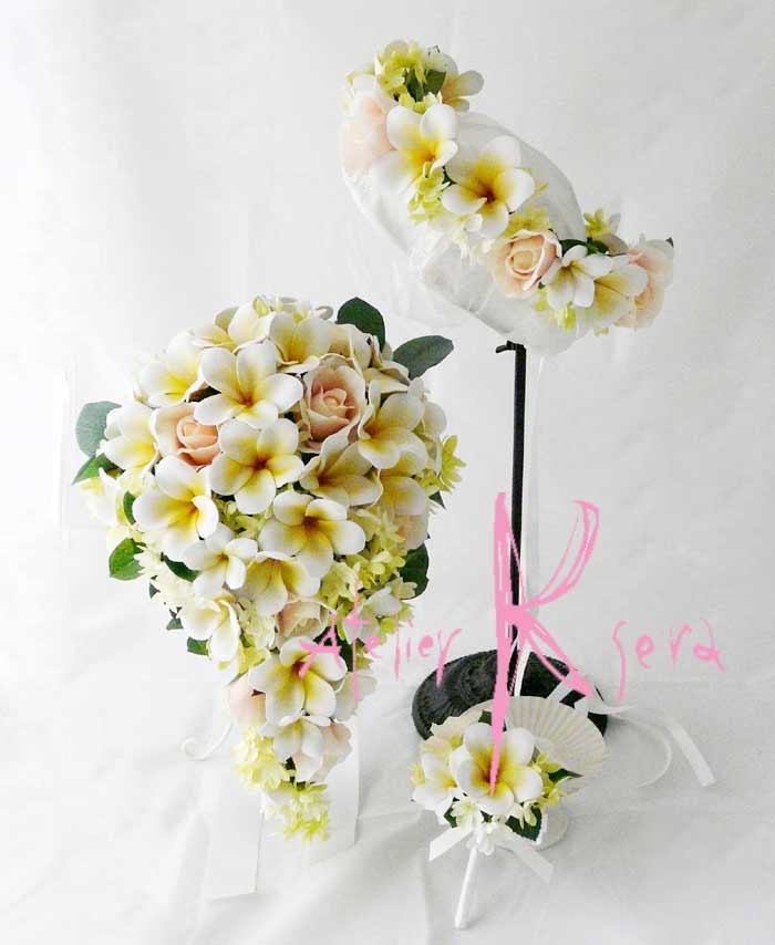 画像1: 造花オーダーメイドブーケ セミキャスケード・ブトニア・花冠(プルメリア&ローズ）